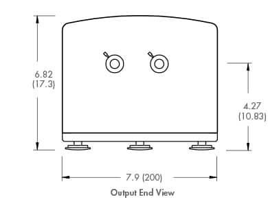 Dimensions de la vue de l'extrémité de sortie ORIA Blue : 7,9 x 6,82 pouces (20,0 x 17,3 cm)