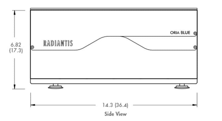Dimensions de la vue latérale de l'ORIA Blue : 14,3 pouces (36,4 cm) de long